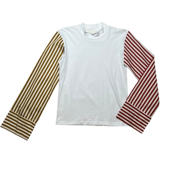 Destree Grayson White Cotton Top With Yellow Orange Striped Long Sleeves SZ S - Picture 3 of 12